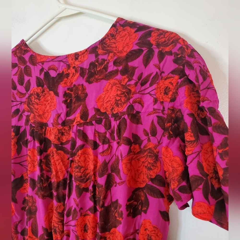 Abel The Label Purple Red Floral Midi Dress Size Medium High-Low Flutter Sleeves - Picture 9 of 12